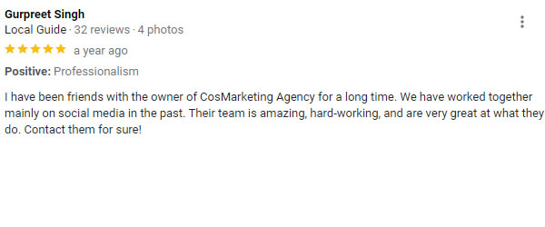 Google Testimonial Review COSMarketing Agency