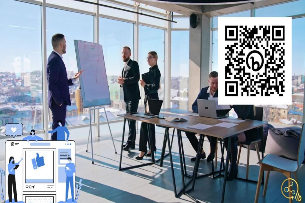 A business man presenting at a meeting about press releases using a drawing board; a QR code to view a press release