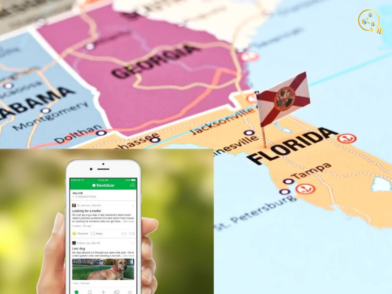 The NextDoor app shown on a cellphone; a map with a flag pinpointing the state of Florida