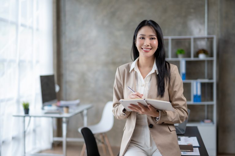 One woman discussing HR companies marketing strategies looking at the camera