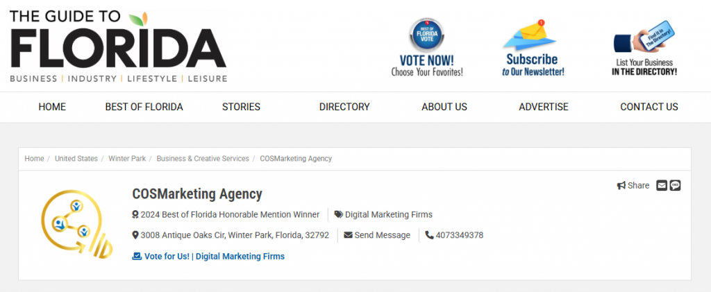 Vote for COSMarketing Agency in the 2025 Best of Florida Awards